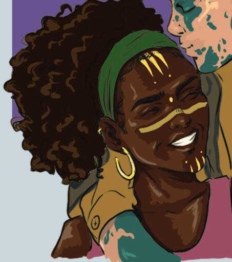 Eme'tes Zexat. Sp:pantoran/Kiffar SC:dark brown A:30BBY, gold clan tattoos a tied back afro and weelchair