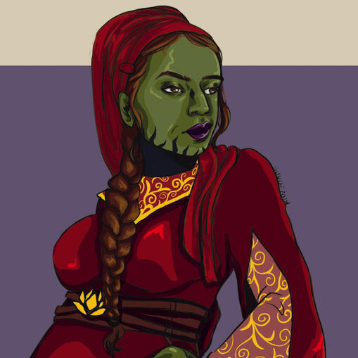 Sha'lena Lygas. Sp:Mirialan SC:Green A:35BBY, dark brown eyes and big black neck tattoo that creaps up her chin