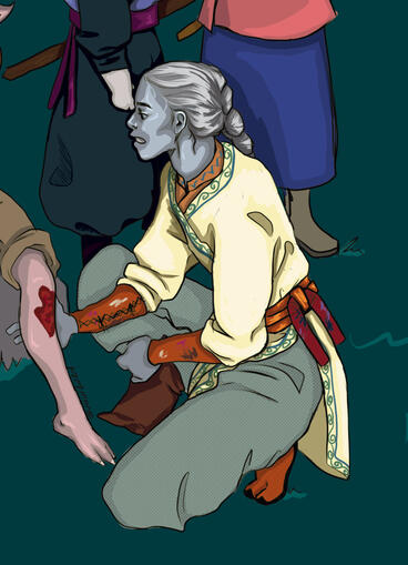 Qavres Zultron. sp:soikian SC:gray A:8BBY, cold gray skin and long gray hair tied into a braid