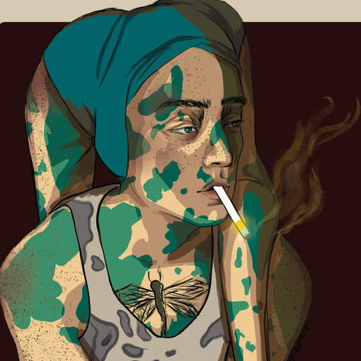 Diot Arussel. Sp:human/Twilek, SC:lighly tan/green, A:30BBY, patched green and tan skin dragonfly tattoo on his chest.