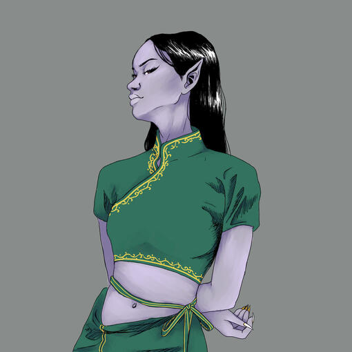 Halea Vay. Sp:Sephi, SC:lavender, A:27BBY, long black hair and pointy ears