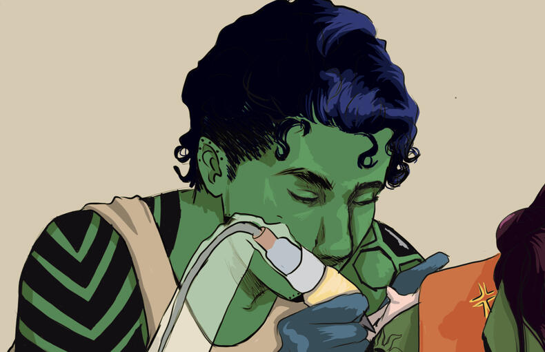 Drurvonill La'amalo. Sp:mirialan/human SC:green A:19BBY, Buff pretty boy lots of tattoos blue black curly hair