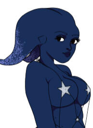 Namid Batieez. Sp:Twilek, SC:navy blue, A:26BBY, short glitter-covered leku and a voluptuous figure.