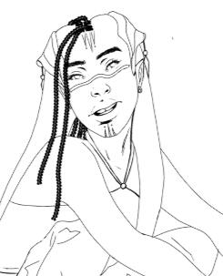 Azreen Arussel-Zexat. Sp: human/twi&#39;lek/pantoran/kiffar SC:brown/green A:2BBY, braided mohawk between medium length leku