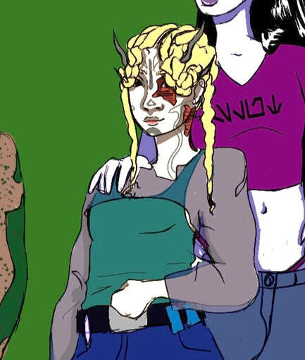 Sox. Sp:NDZabrak/human SC: pale peach A:27BBY, blond upsidedown braids larg birthmark on left eye.